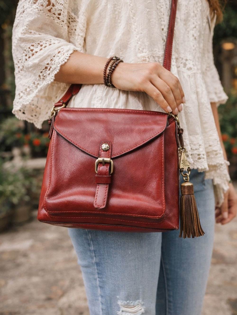Patricia Nash Red Leather Crossbody Bag Vintage Style Boho Tassel Italy